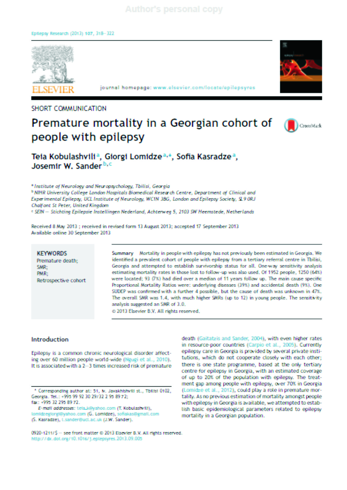 Premature Mortality In A Georgian Cohort Of People With Epilepsy