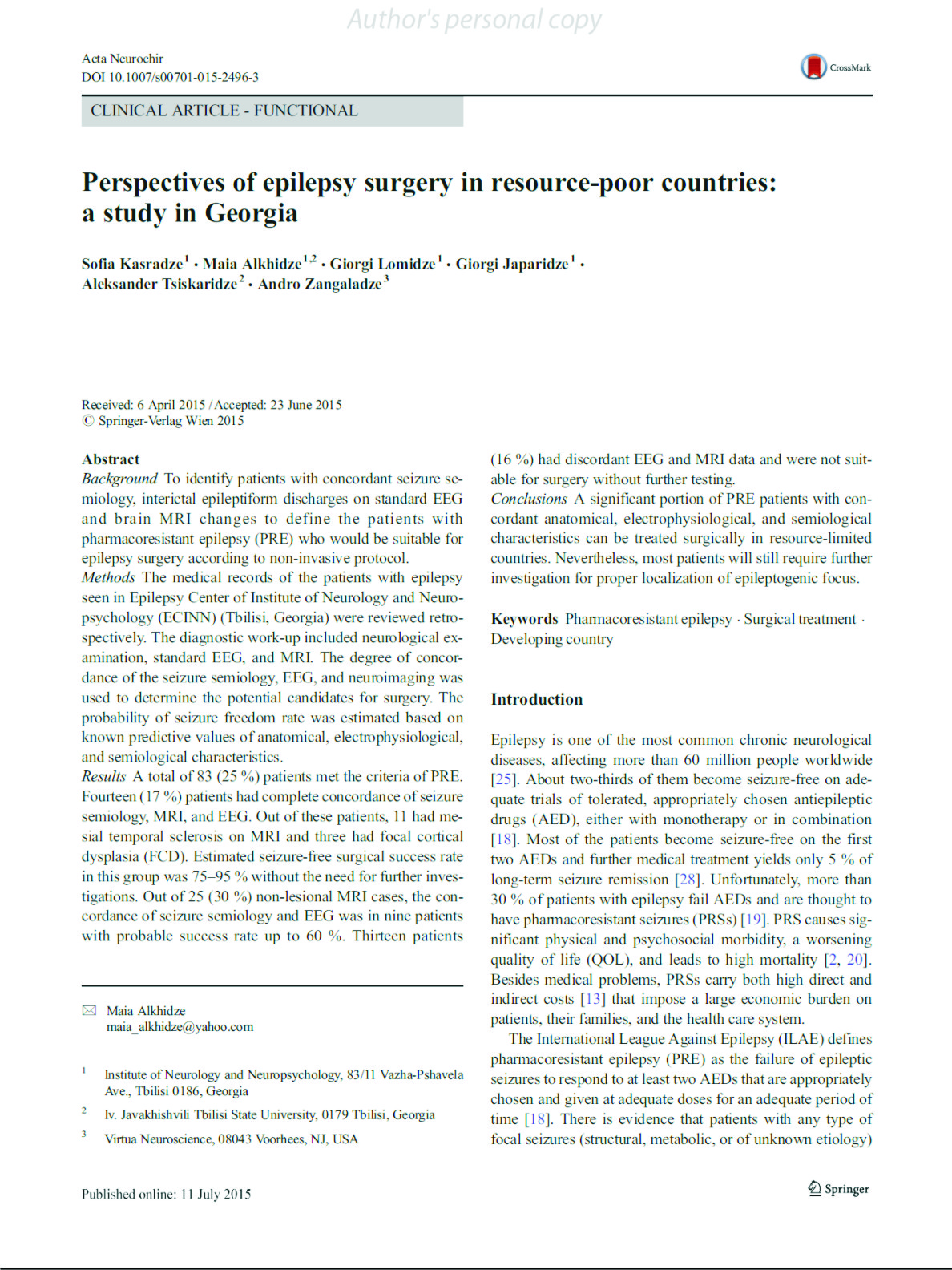 Perspectives Of Epilepsy Surgery In Resource Poor Countries: A Study In Georgia